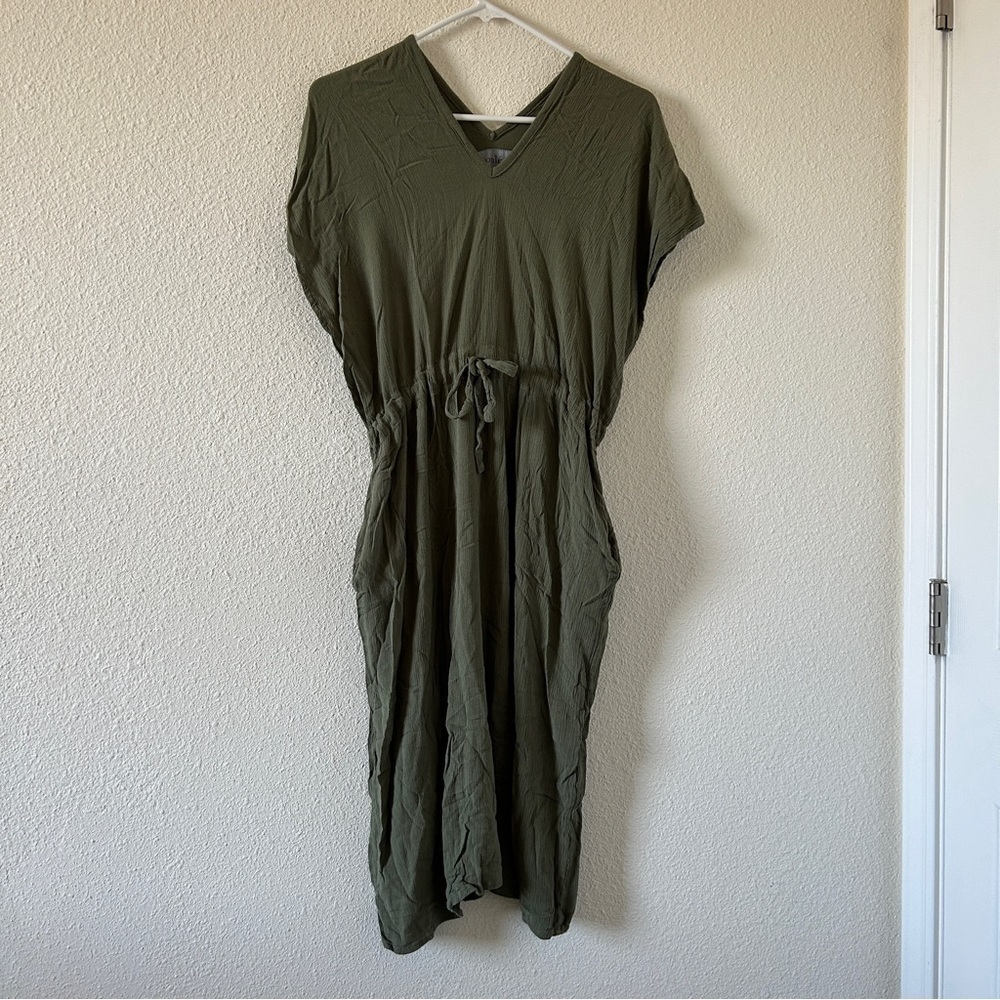 Tonle Women’s Dress XSmall Olive Green Boho Lagenlook Relax Summer Relaxed